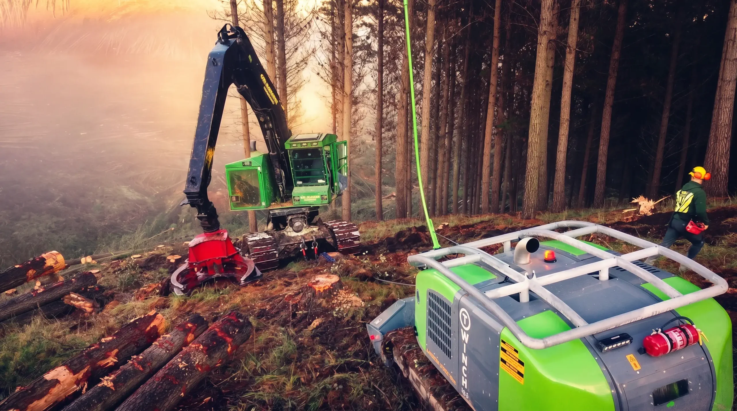 T-Winch traction assist system securing a tracked harvester for steep ground timber felling in Scotland.