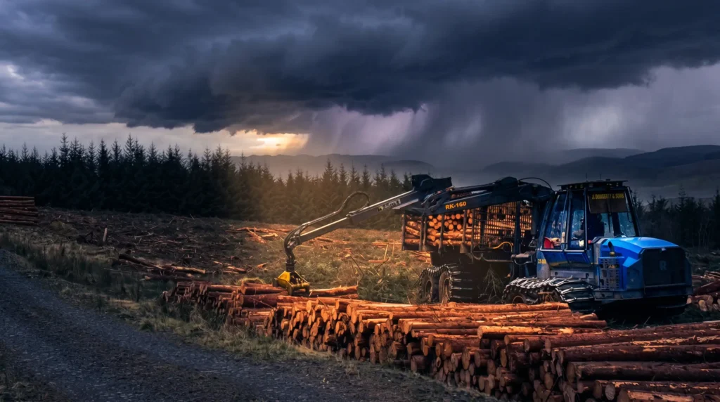 Blue tracked forwarder with RK-160 crane stacking timber logs at a commercial clearfell site under dramatic storm clouds.