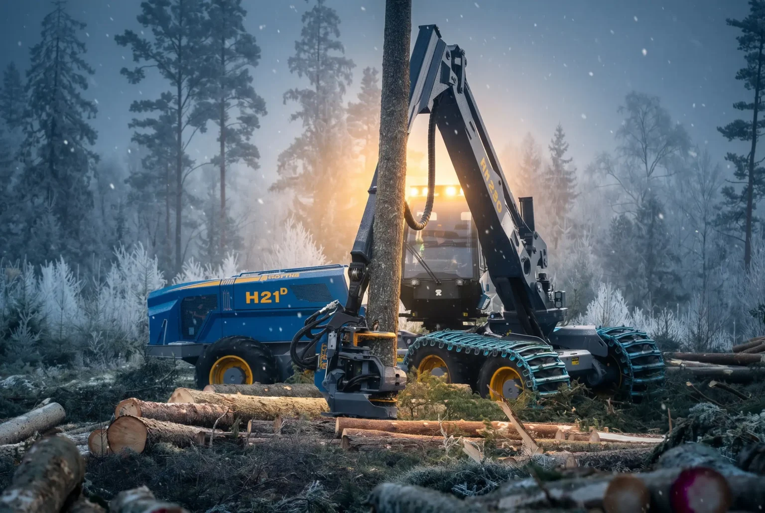 Rottne H21D wheeled harvester machine felling trees during a winter clearfell operation for Jim Wilmer and Sons.